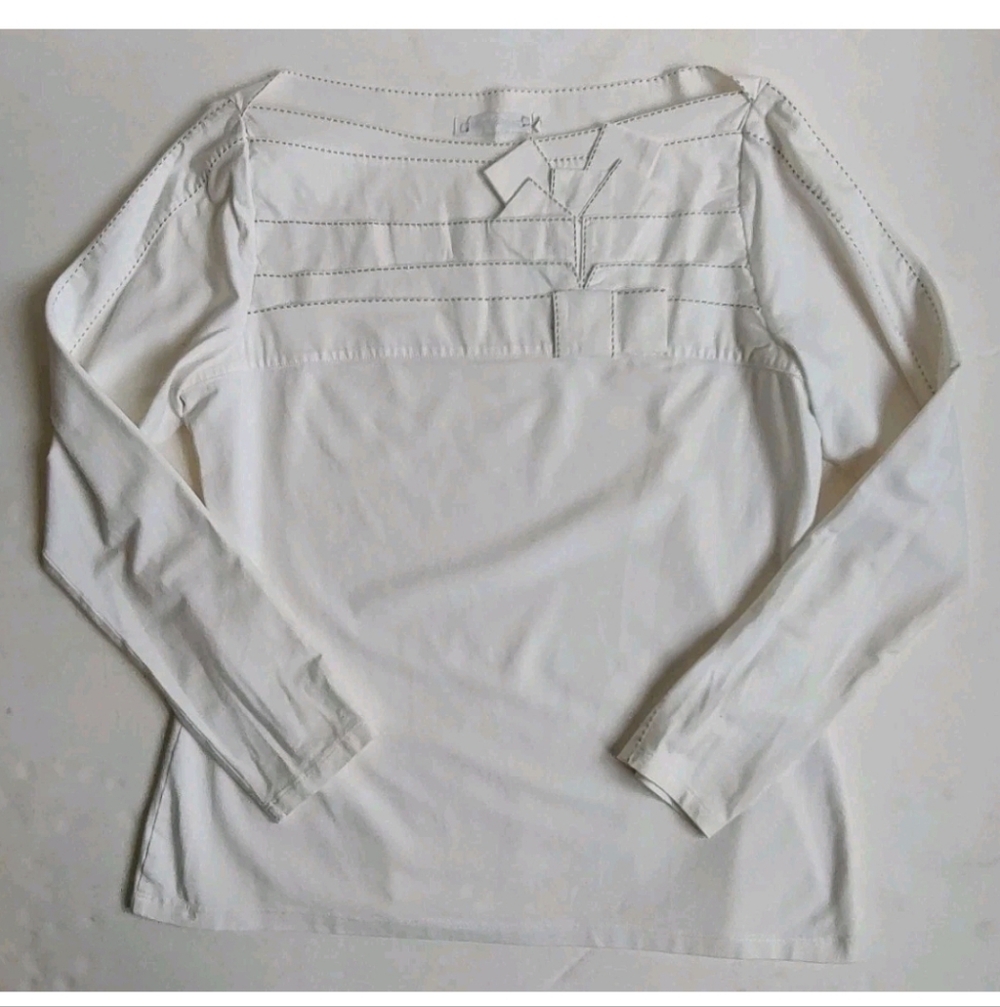 Anne Fontaine Boat Neck Stitch Top Long Sleeve White Black Blouse Classic 44